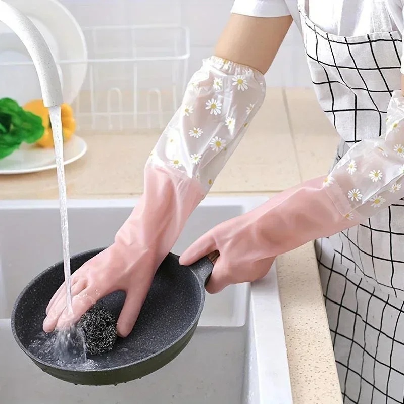 Dish Glove Rubber - قفازات مطاطية طويلة الأكمام للاستخدام المنزلي،